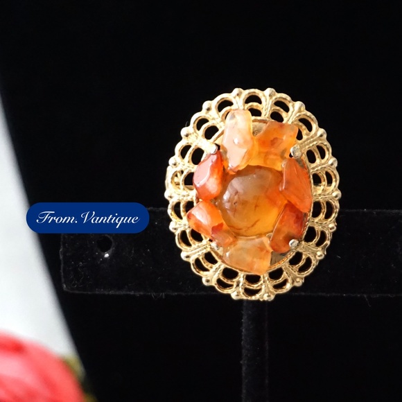 🟠 VINTAGE Gold & Orange Gem Chips Brooch / Scarf Pin 🧷 - Picture 1 of 5